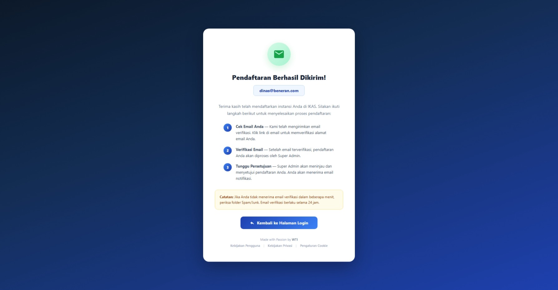Halaman Konfirmasi Pendaftaran Berhasil